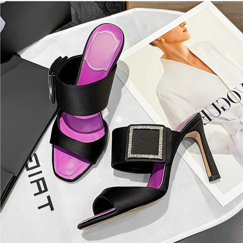 Rhinestone Buckle Slip on Satin High Heel