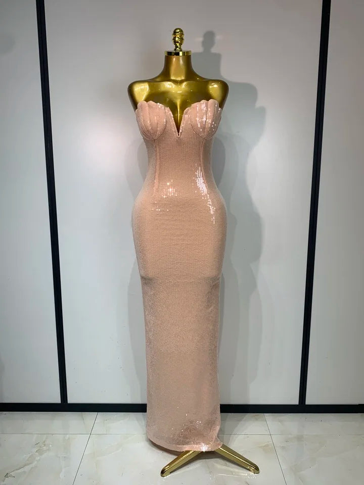 Women Strapless Sequin Bodycon Long Dress
