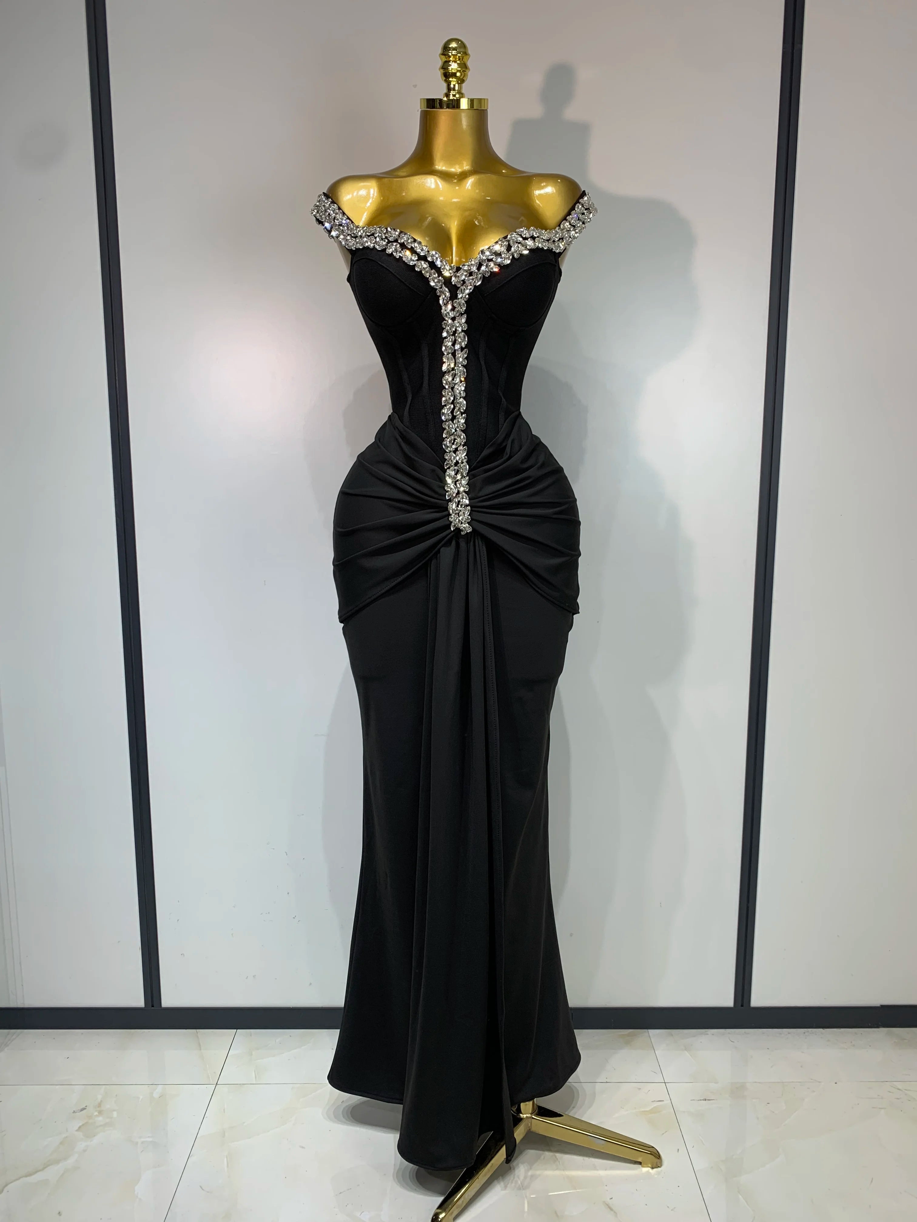 Off Shoulder Shining Diamond Bandage Bodycon Long Dress