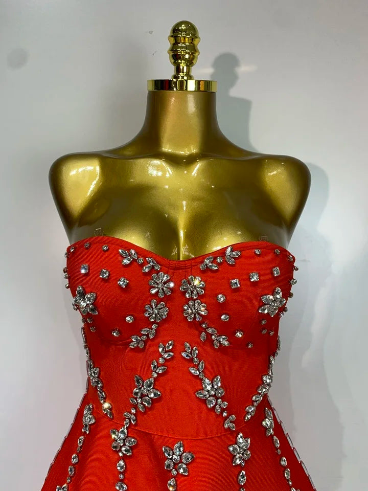 Strapless Sparkly Diamond A Line Bandage High Waist Dress