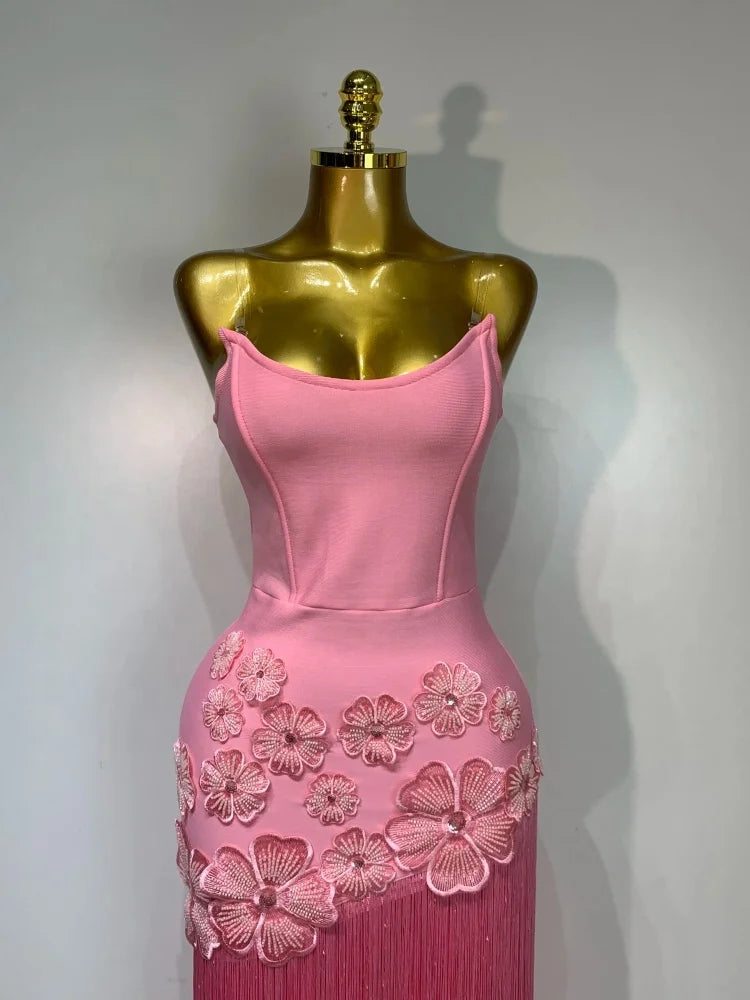 Pink Floral Tassel Bandage Bodycon Dress
