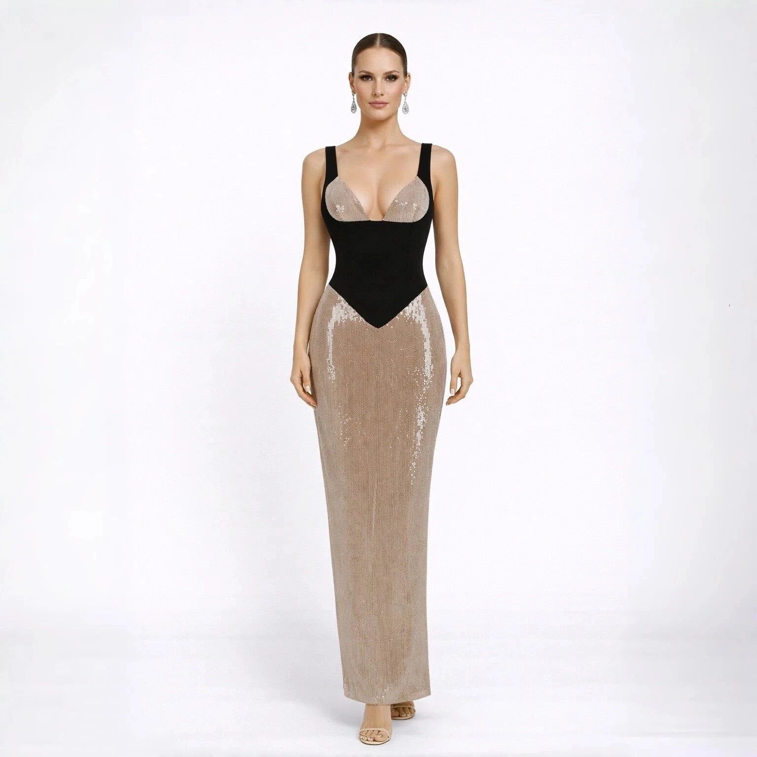 Luxury Illusion Mesh Sequin Evening Maxi Dress