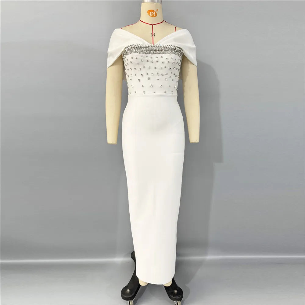 Rhinestone Off-Shoulder Satin Patchwork Bandage Dress