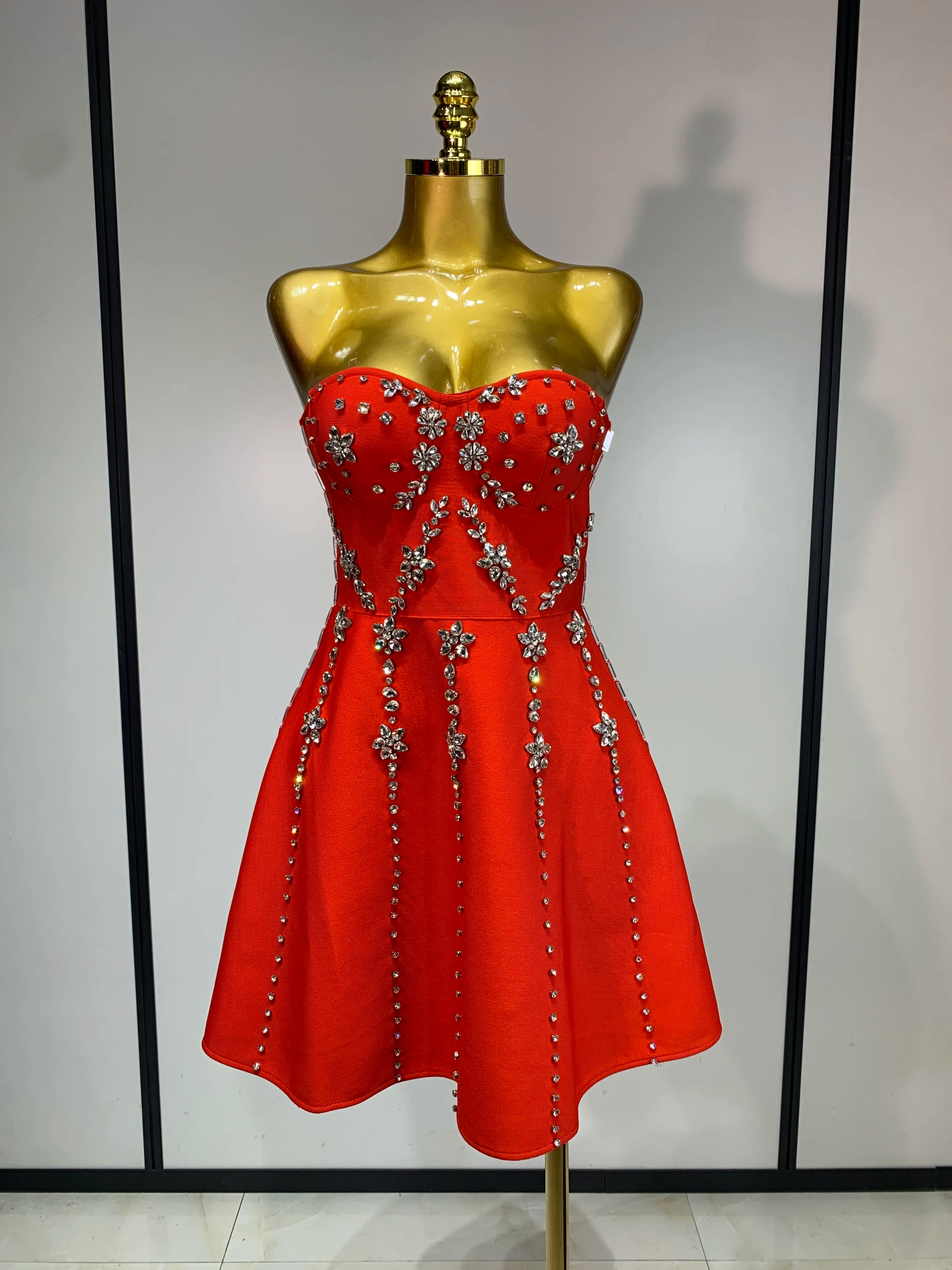 Strapless Sparkly Diamond A Line Bandage High Waist Dress