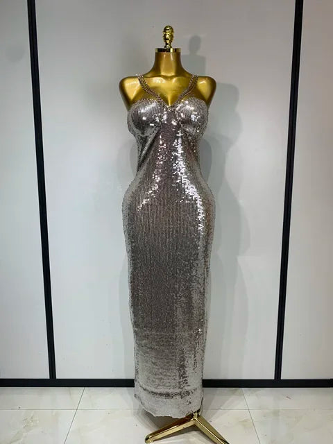 Backless Silver Gold Glitter Sequins Maxi Long Dress Sexy