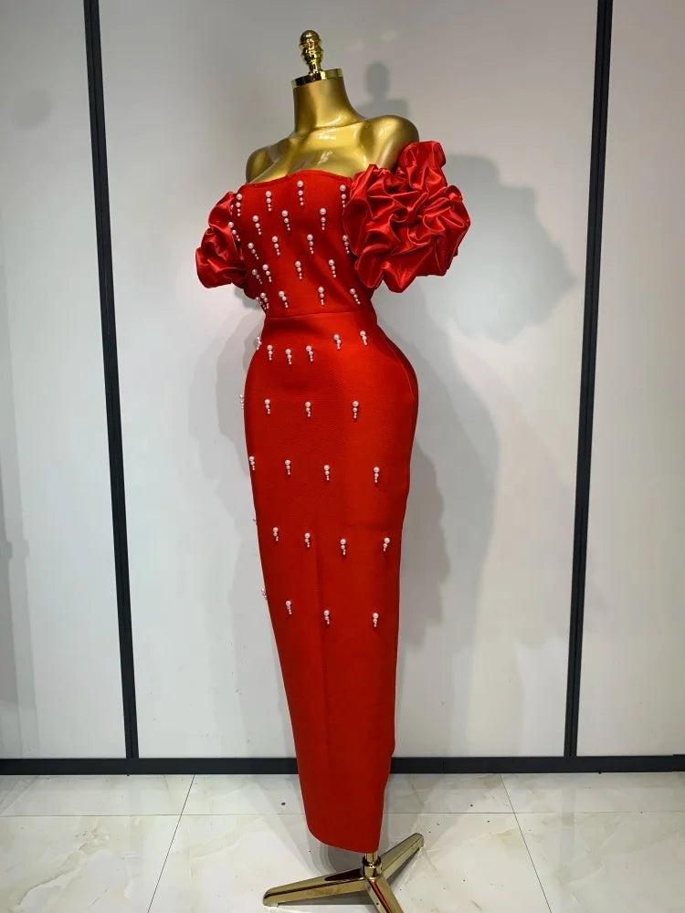 Off Shoulder Red Pearls Bandage Sexy Fancy  Elegant Long Dress