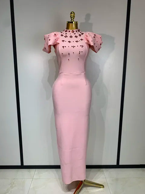 Ruffle Sleeve Beading Bandage Bodycon Long Dress