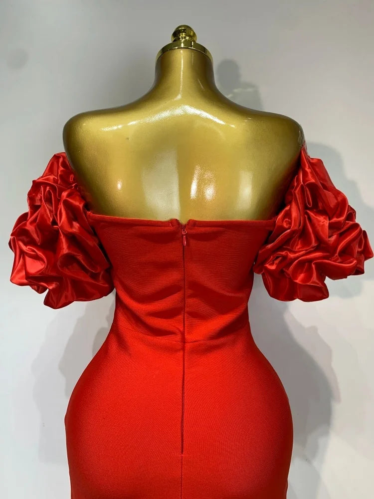 Off Shoulder Red Pearls Bandage Sexy Fancy  Elegant Long Dress