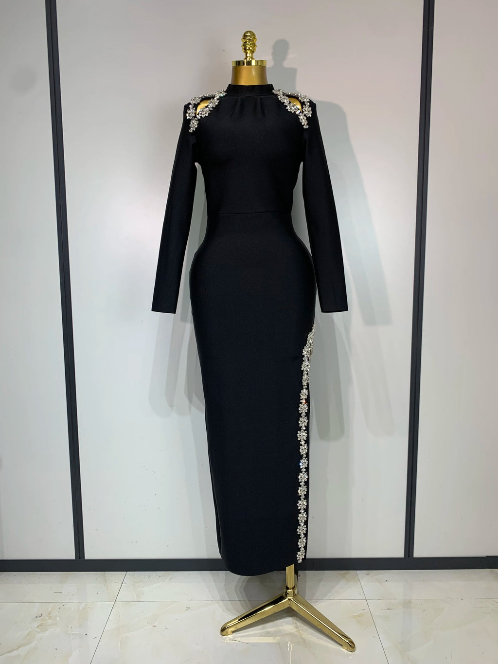 Long Sleeve Shining Crystal High Split Bodycon Long Dress