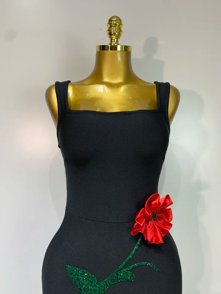 Red Sparkly Diamonds Floral Sleeveless Long Dress