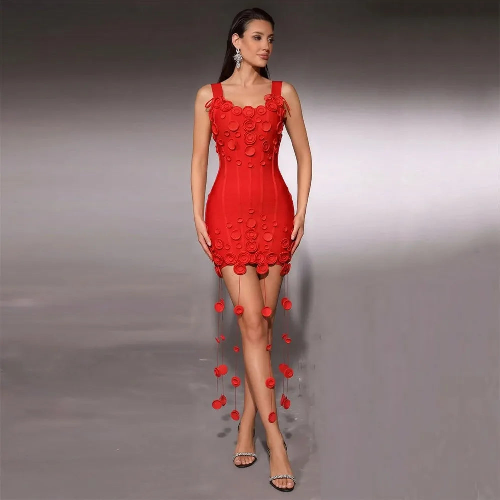 3D Flowers Tassel Bandage Dress