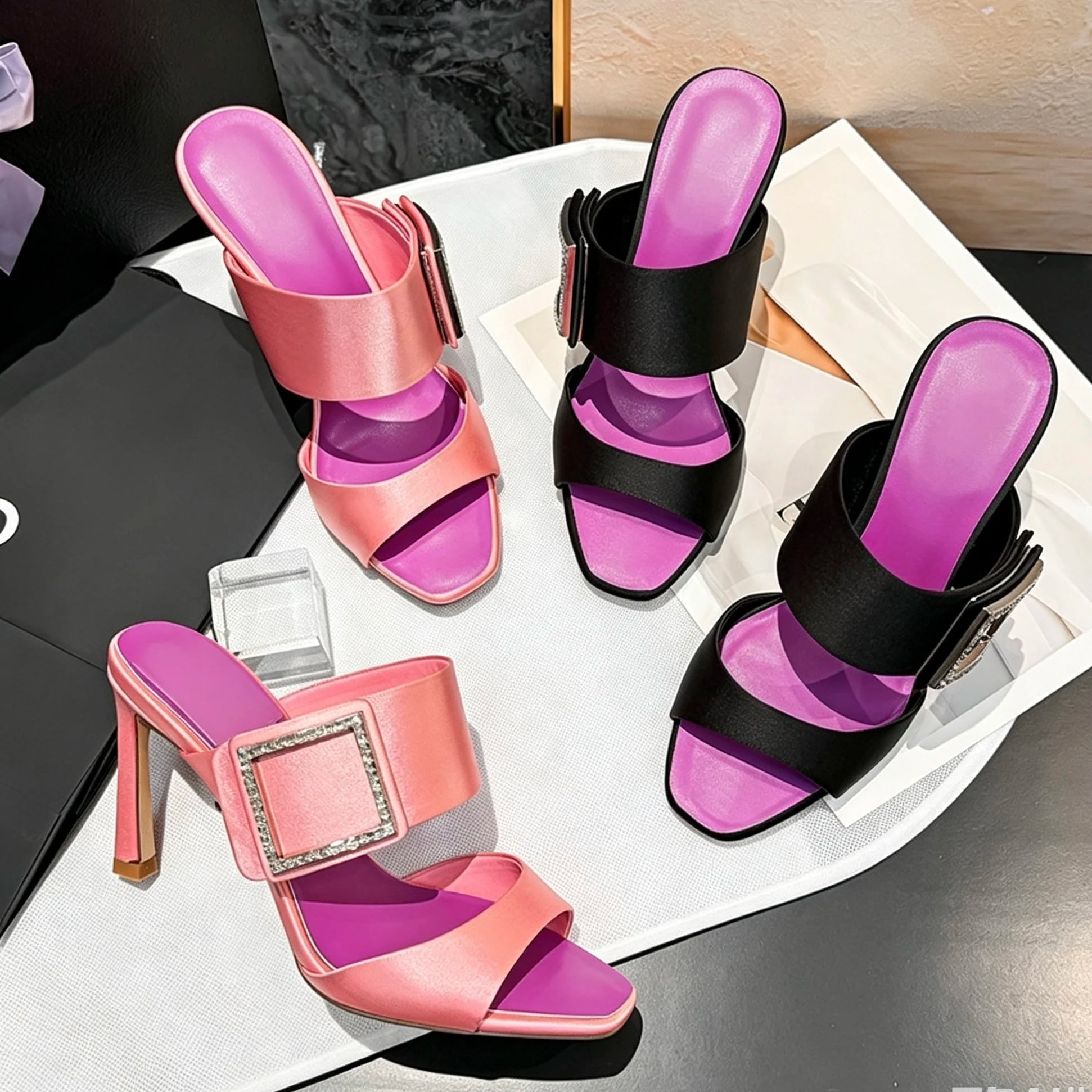 Rhinestone Buckle Slip on Satin High Heel