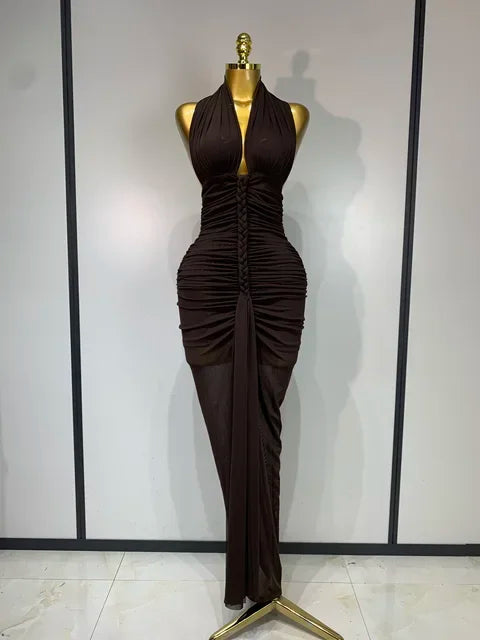 Brown Halter Backless Ruched Long Dress