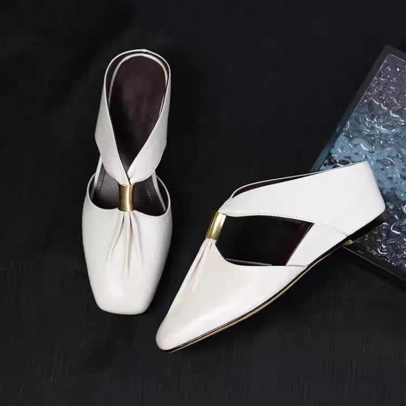 Square Toe Leather Mules Metal Buckle Backless Slipper Sandals