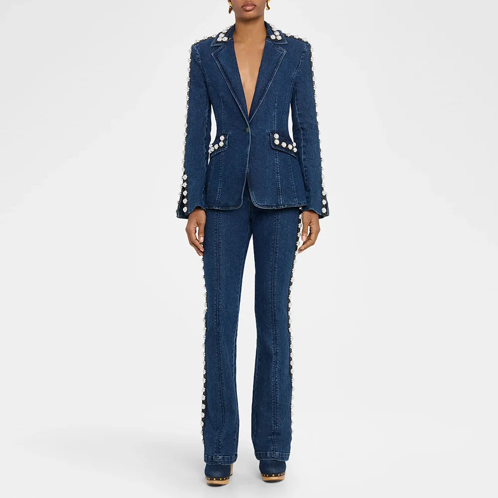 Meetings Parties Formal Denim Blazer Jacket Two Piece Set