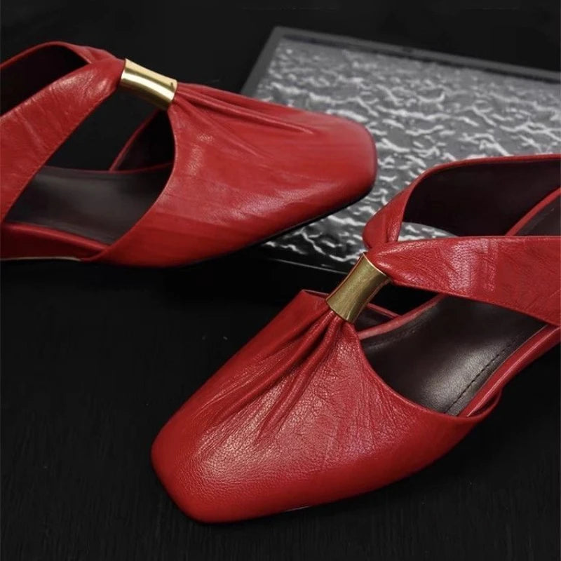 Square Toe Leather Mules Metal Buckle Backless Slipper Sandals