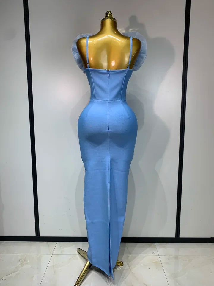 Sky Blue Floral Bodycon Long Bandage Dress