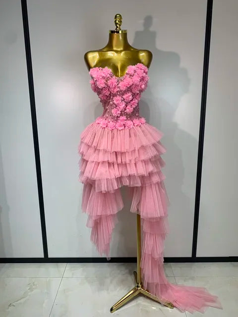 Strapless Flowers Pearl Mesh Asymmetric Bodysuit Dress