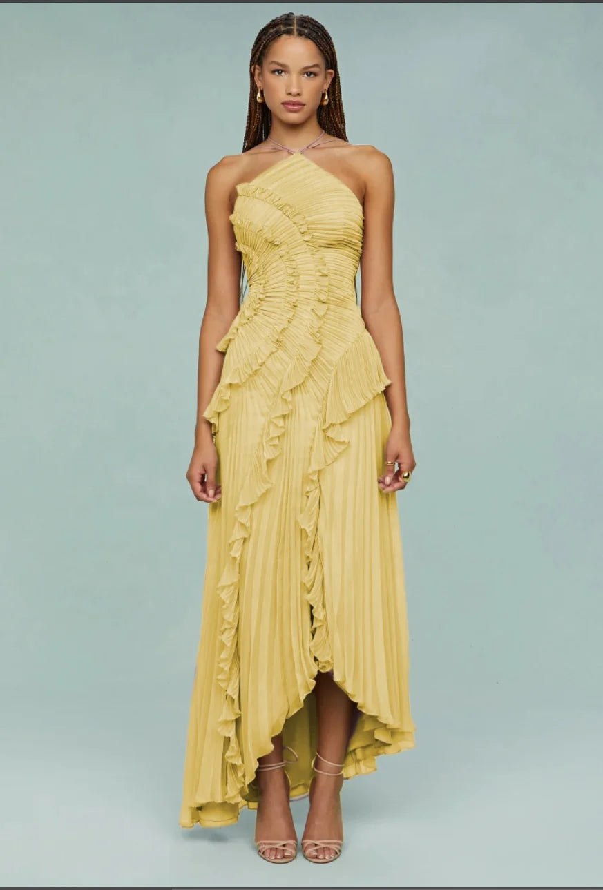 Ruffled Slim Halter Elegant Long Dress