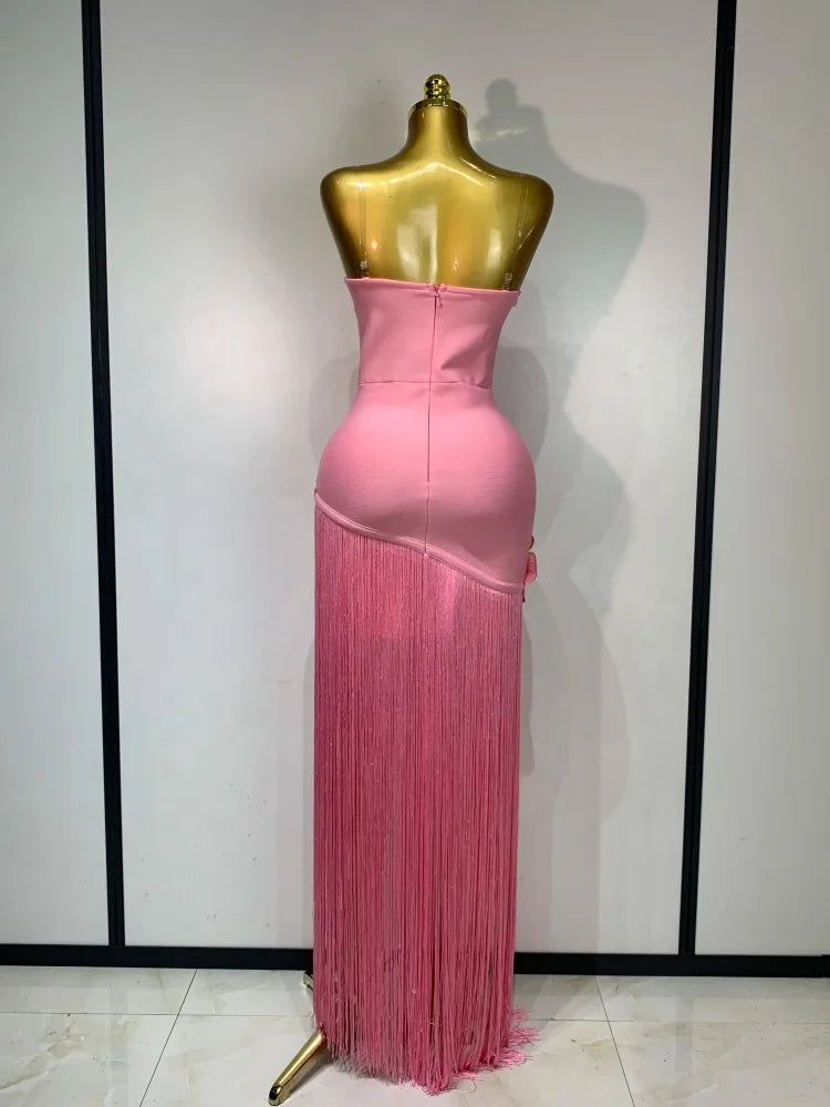 Pink Floral Tassel Bandage Bodycon Dress