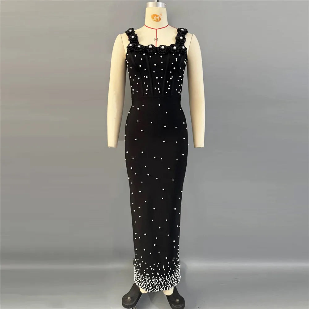Pearls Embellished  Party Gown Fashion Square Collar Backless  Evening Dress