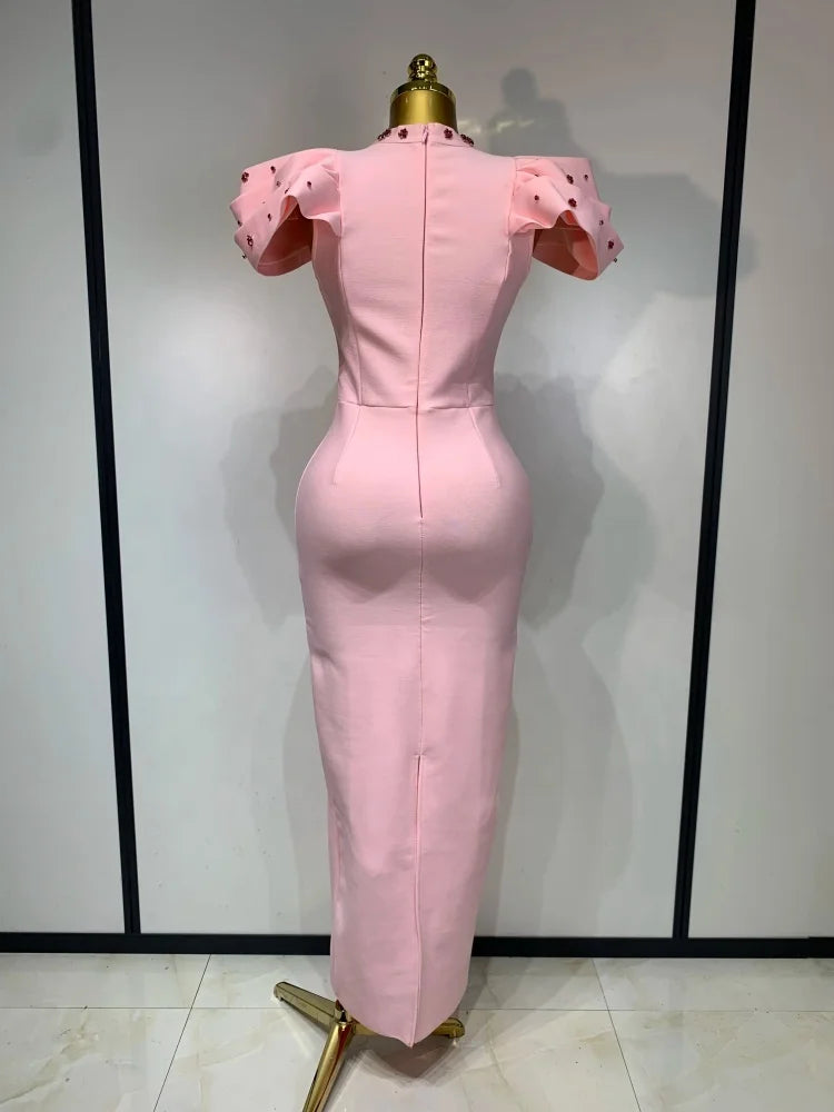 Ruffle Sleeve Beading Bandage Bodycon Long Dress