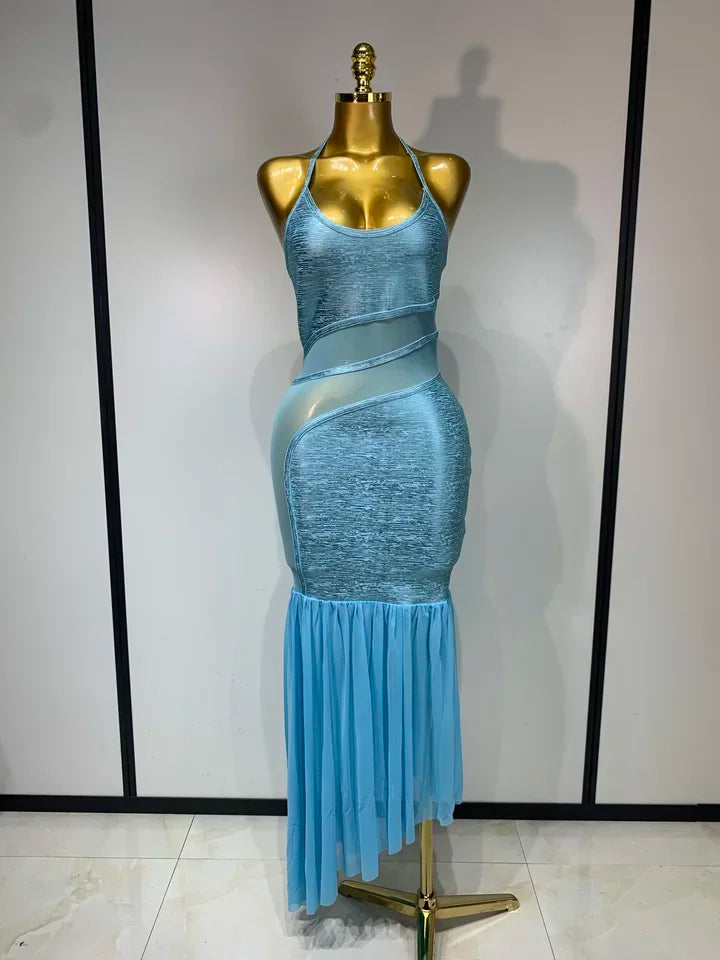 Backless Sleeveless Mesh Patchwork Dress