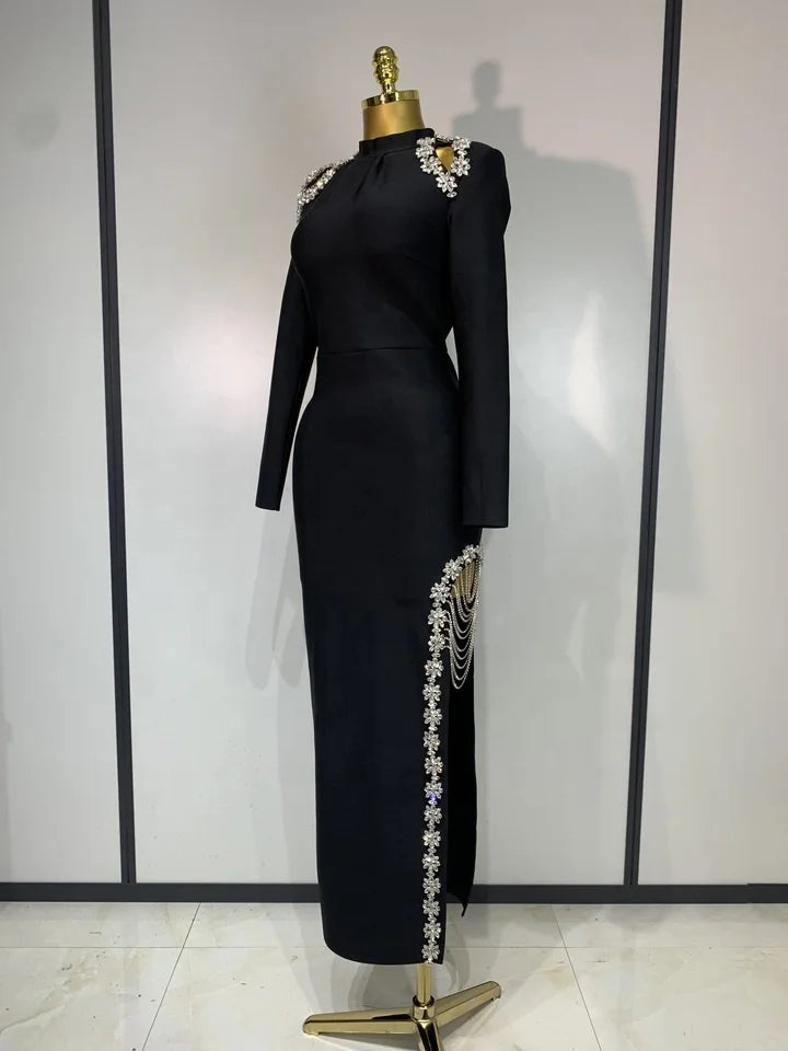 Long Sleeve Shining Crystal High Split Bodycon Long Dress