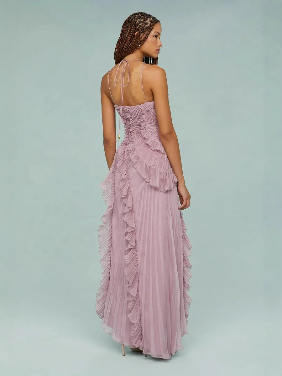 Ruffled Slim Halter Elegant Long Dress