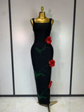 Red Sparkly Diamonds Floral Sleeveless Long Dress