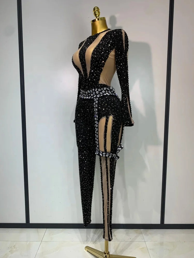 Long Sleeves Bodycon Mesh Black Sparkly Diamond Jumpsuit
