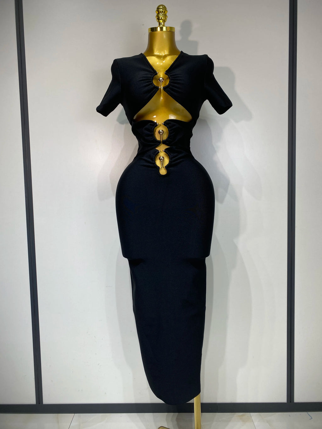 Knitted Black Cut Out Short Sleeve Evening Party Long Dress