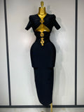 Knitted Black Cut Out Short Sleeve Evening Party Long Dress