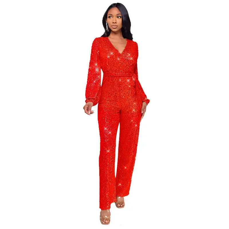 Women's Sequin Wrap V Neck Jumpsuit