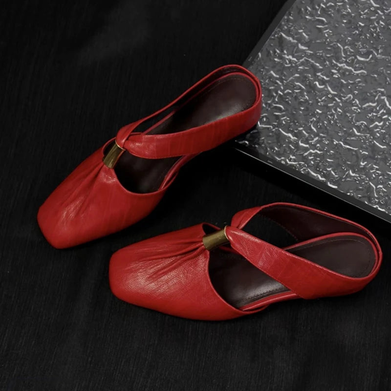 Square Toe Leather Mules Metal Buckle Backless Slipper Sandals