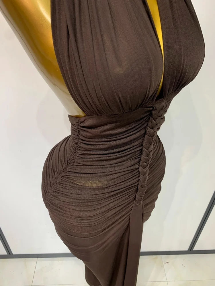 Brown Halter Backless Ruched Long Dress