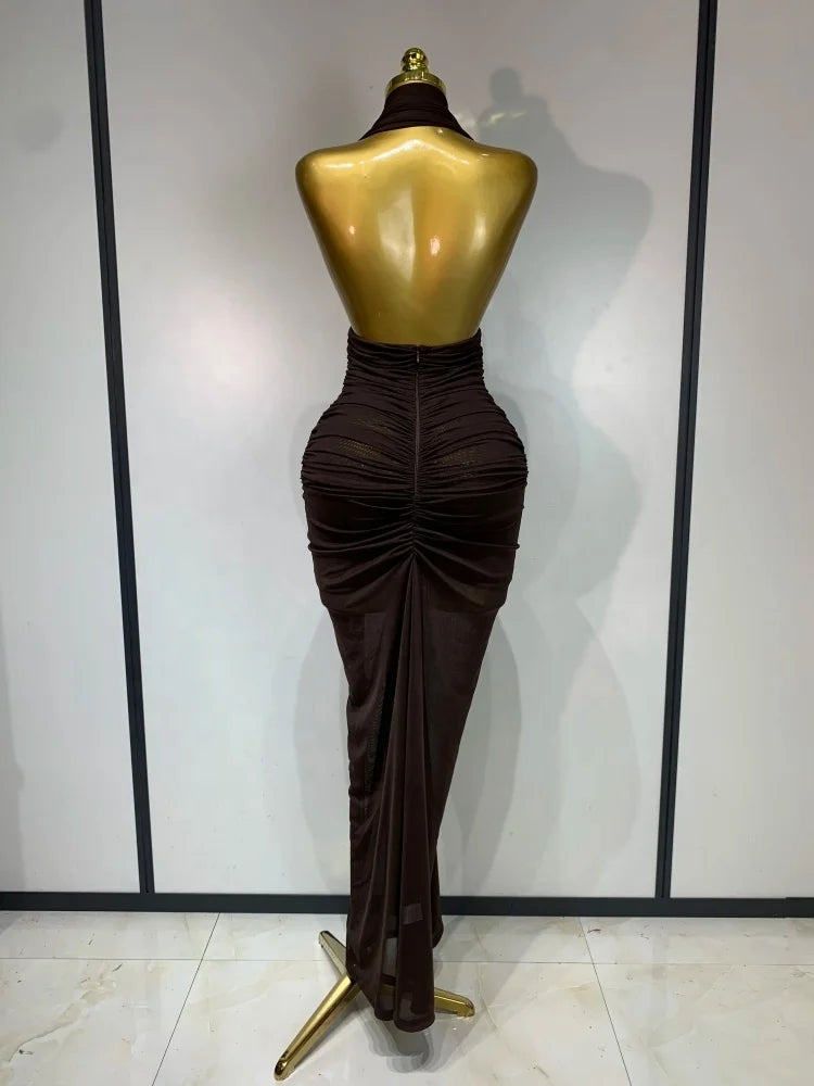 Brown Halter Backless Ruched Long Dress