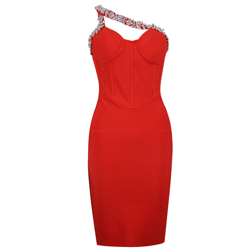 French Europe Style Rhinestones Slash Neck Bandage Dress