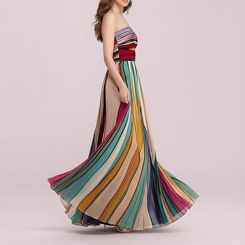 Pleated Printed Long Dress