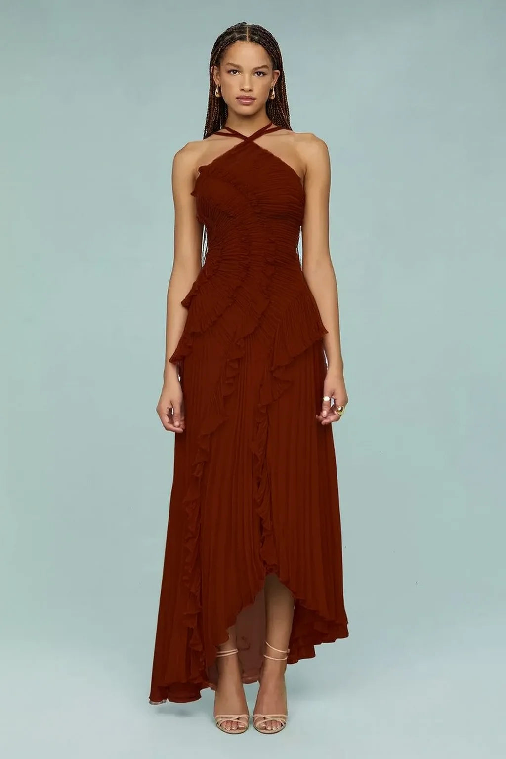 Ruffled Slim Halter Elegant Long Dress