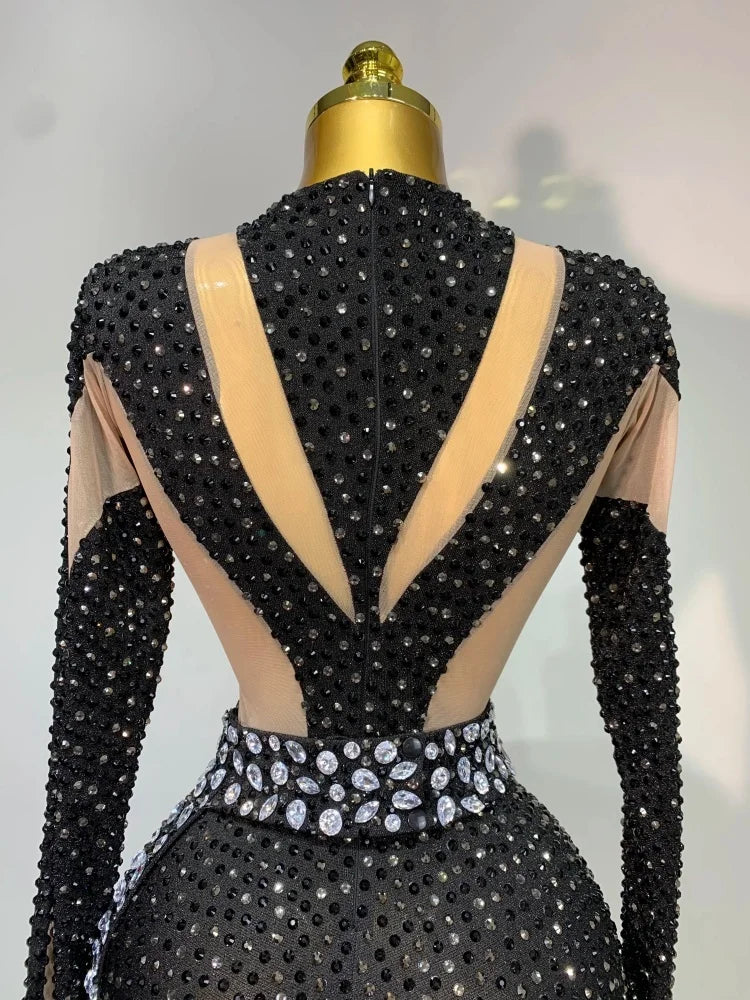 Long Sleeves Bodycon Mesh Black Sparkly Diamond Jumpsuit
