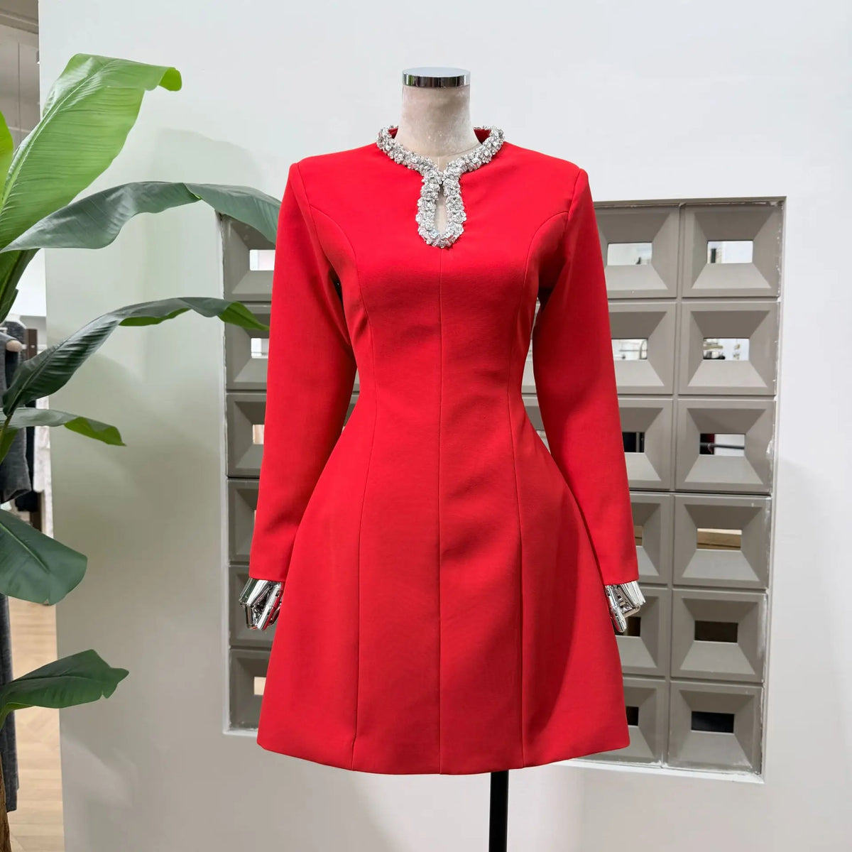 Diamond Square Neck Long Sleeve Slim Fit Dress