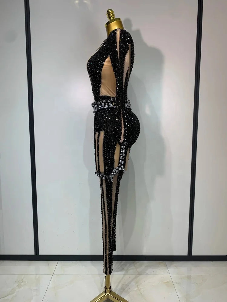 Long Sleeves Bodycon Mesh Black Sparkly Diamond Jumpsuit