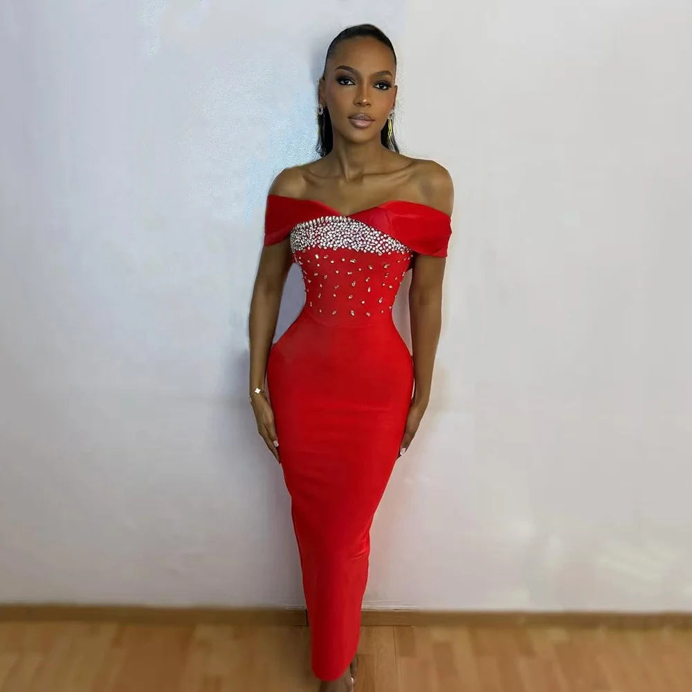 Rhinestone Off-Shoulder Satin Patchwork Bandage Dress
