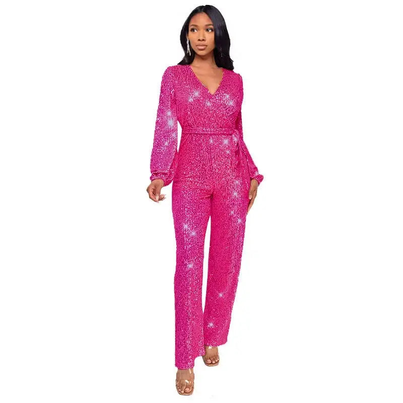 Women's Sequin Wrap V Neck Jumpsuit