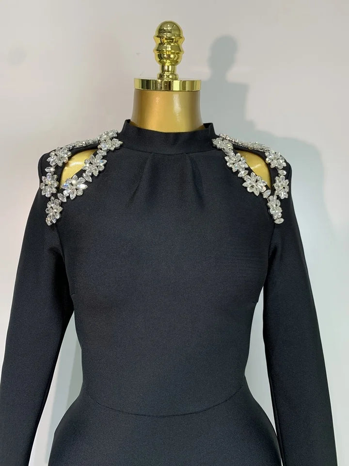 Long Sleeve Shining Crystal High Split Bodycon Long Dress