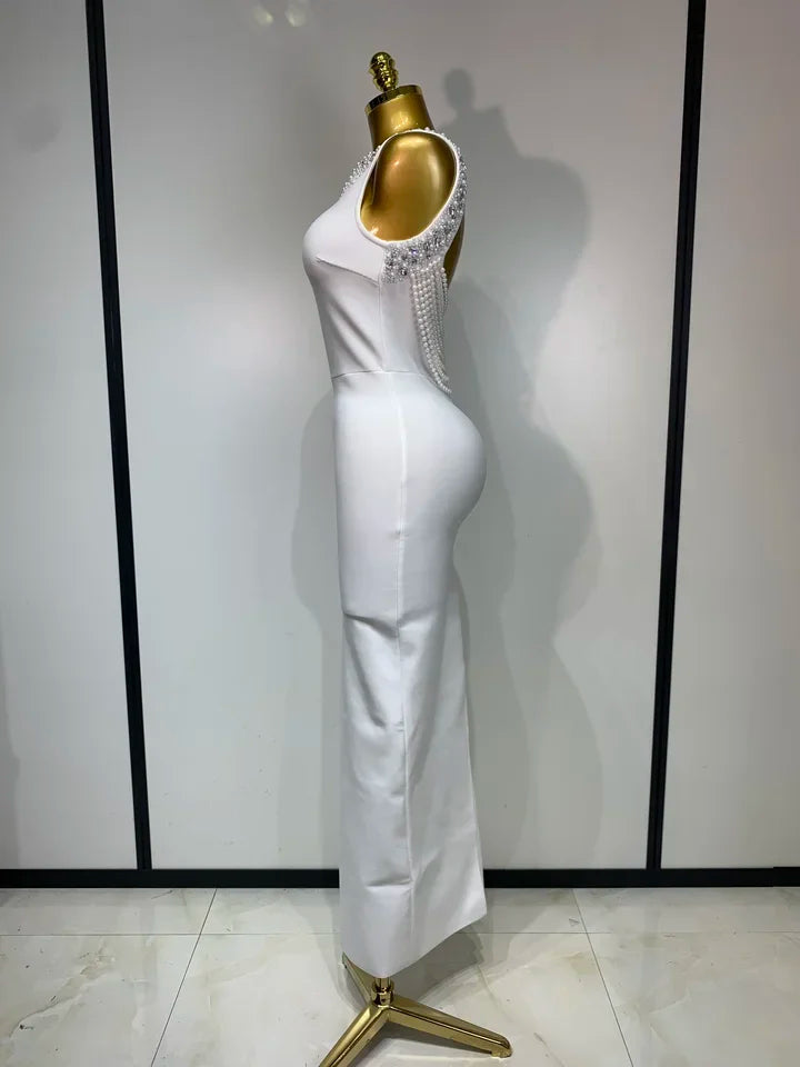 Backless Sleeveless Diamonds Pearl Bandage Dress