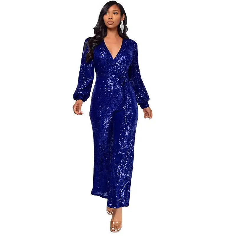 Women's Sequin Wrap V Neck Jumpsuit
