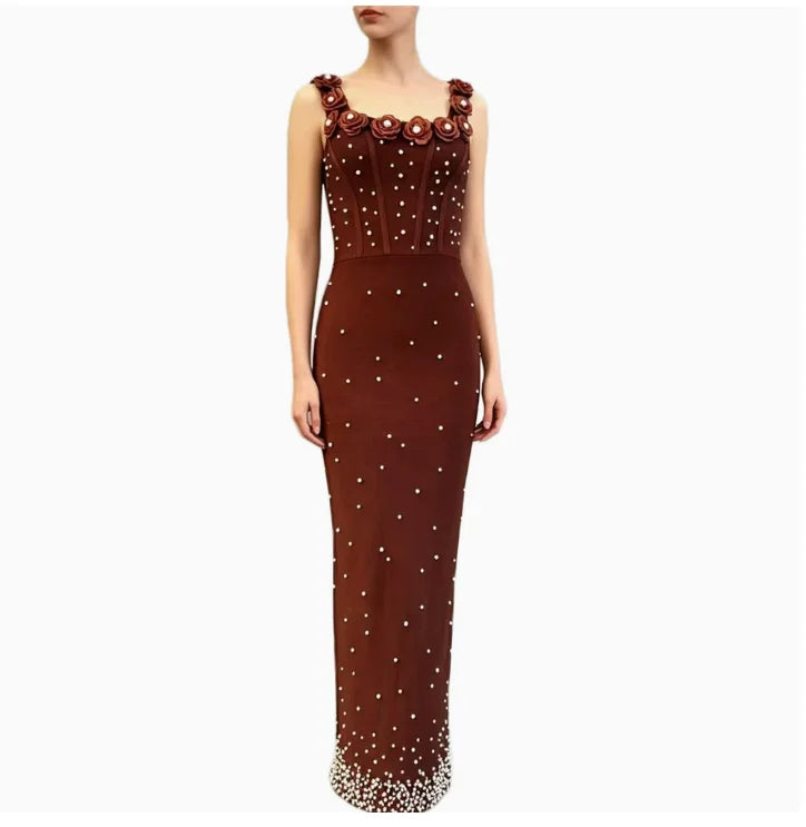 Pearls Embellished  Party Gown Fashion Square Collar Backless  Evening Dress