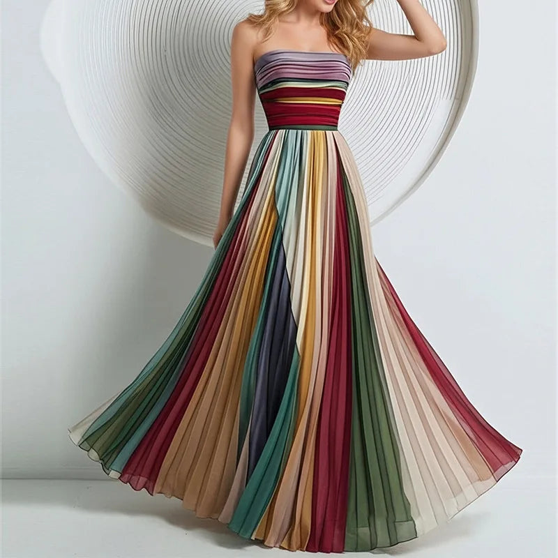 Pleated Printed Long Dress